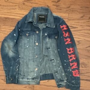 Reason Blue Denim Jacket with Red Sleeve Design